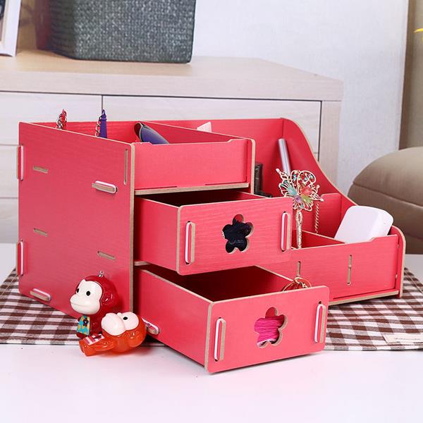Assembly Wooden Makeup Organizer Box Drawer Cosmetics Storage Toiletry Container Case Desktop Home