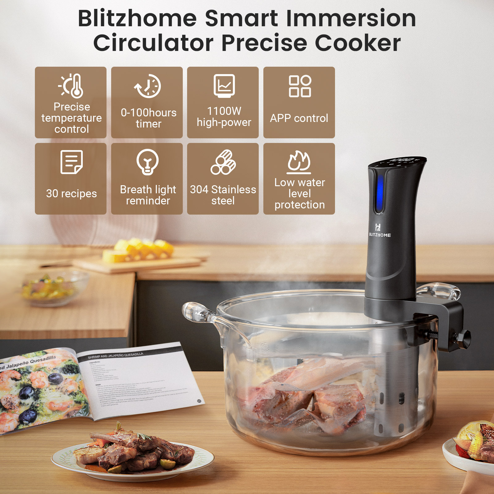 BlitzHome SV2209 1100W Sous Vide Cooker APP Control Thermal Immersion Circulator Machine with Digital LED Display Time and Temperature Control