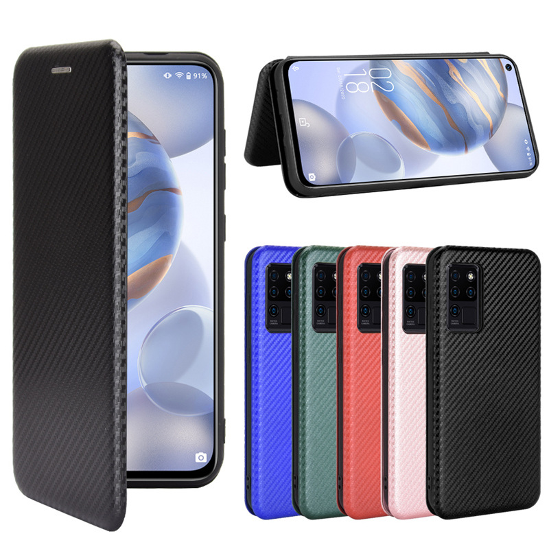 Bakeey for Oukitel C21 Case Carbon Fiber Pattern Flip with Card Slot Stand PU Leather Shockproof Full Body Protective Case