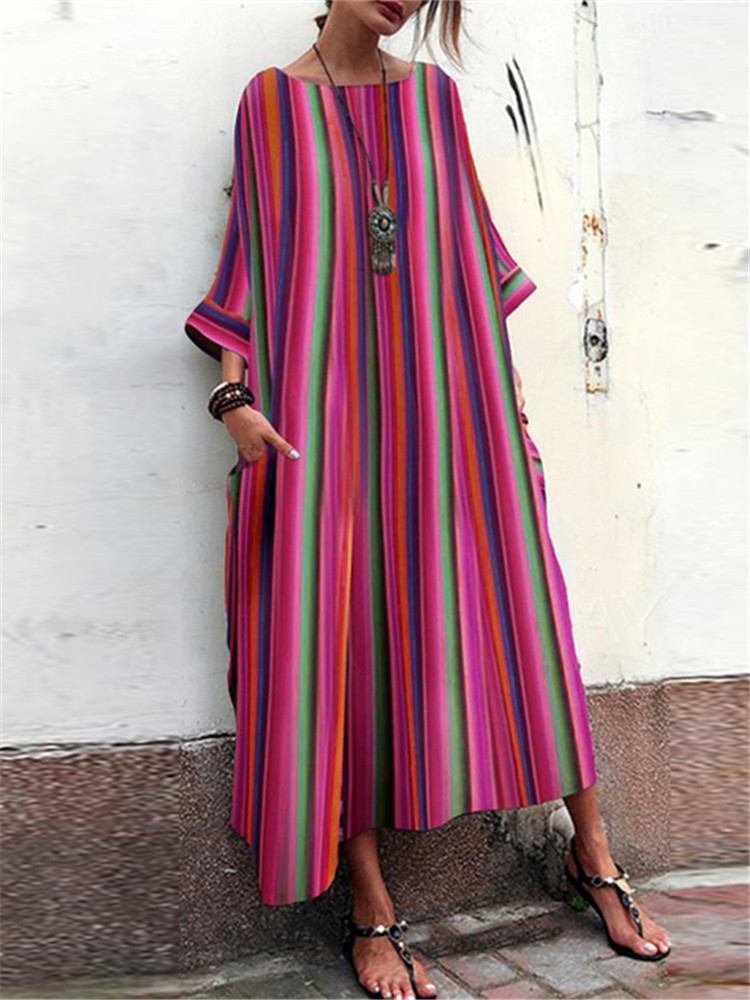 Plus Size Casual Stripe Round Neck Maxi Dress with Pockets