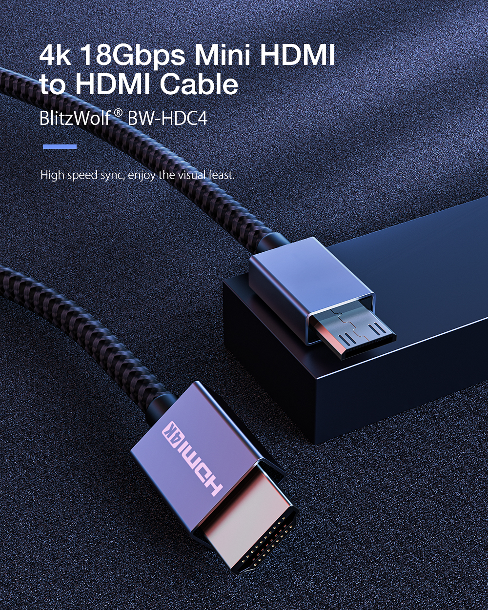 BlitzWolf® BW-HDC4 4K 18Gbps Mini HDMI to HDMI Cable 1.2m with HDMI 2.0 4K*2K@60H 18Gbps Transfer PP Braided Jacket Tinned Copper Wire 1.2M