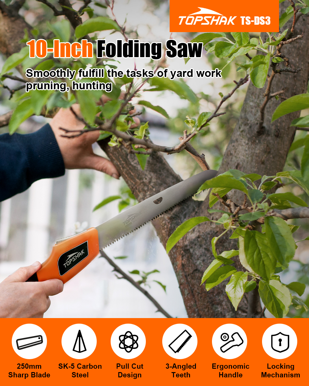 TOPSHAK TS-DS3 10Inches 250mm Folding Saw for Smoothly Fulfill the Tasks of Yard Work, Pruning Hunting