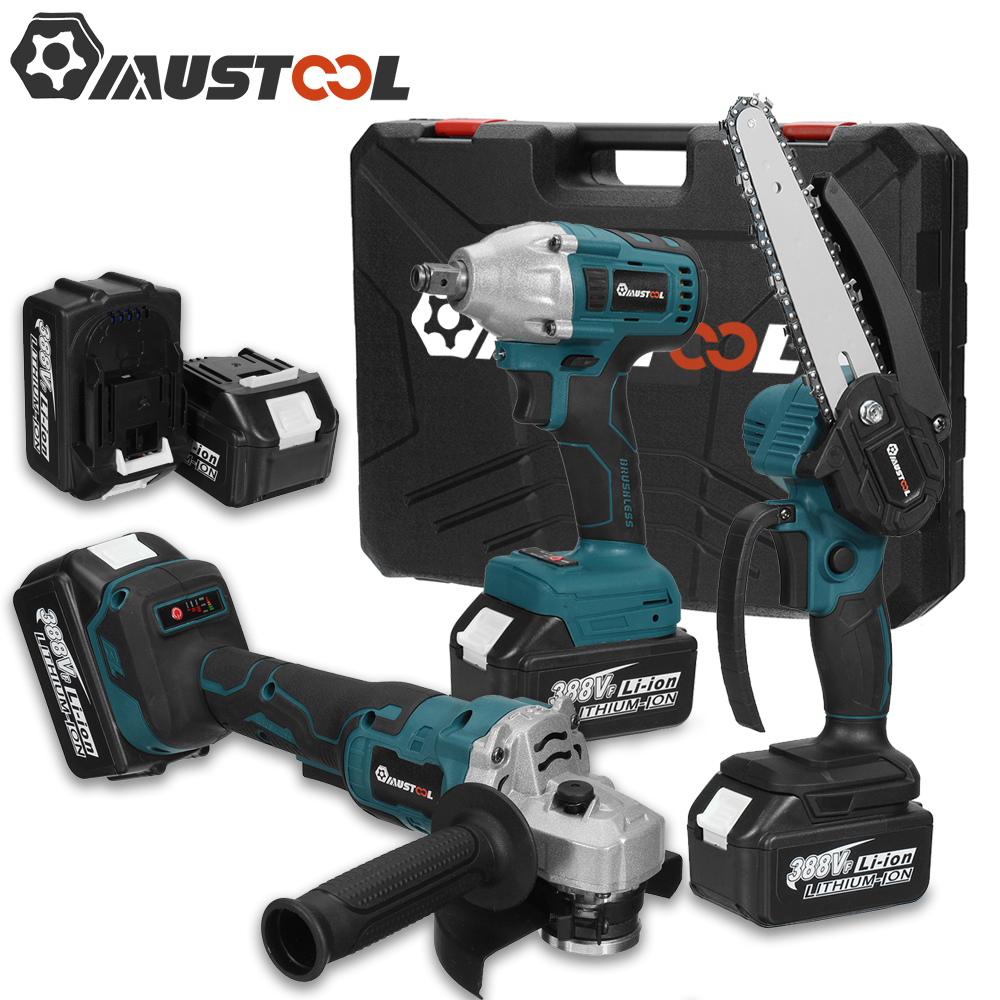 MUSTOOL 10-cell 125mm Angle Grinder + 2-head Electric Wrench + 6-inch Brushed Chainsaw Li-ion Tool Set