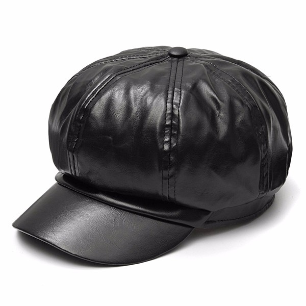 unisex pu faux leather beret hat octagnol paper boy cap cabbie benn ...