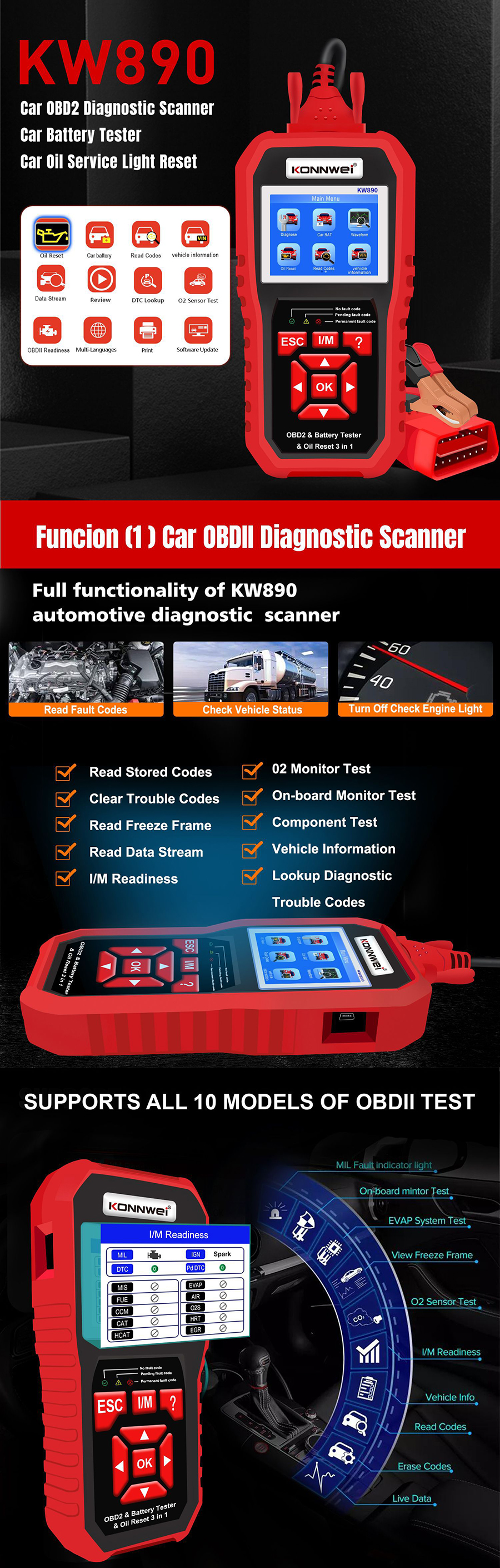 KONNWEI KW890 OBD2 12V Automotive Fault Diagnosis Scanner Instrument Battery Tester Oil Sevice Light Reset for Lead Acid Car SUV Light Truck