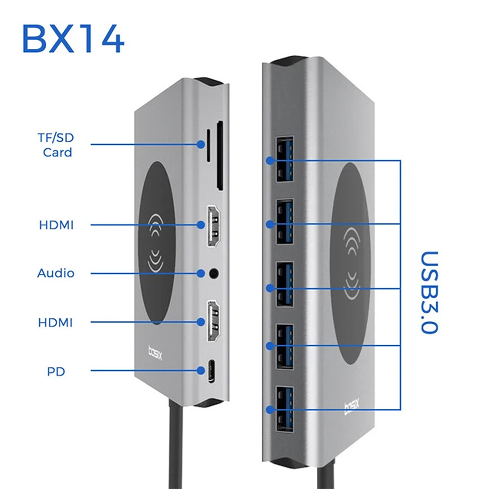 Seewei BX14 14 In 1 Triple Display USB-C Hub Docking Station Adapter With 5 * USB 3.0 / 10W Wireless Charger / 100W Type-C PD / Dual HDMI 4K HD Display / VGA / 3.5mm Audio Jack / RJ45 Network Port / Memory Card Readers