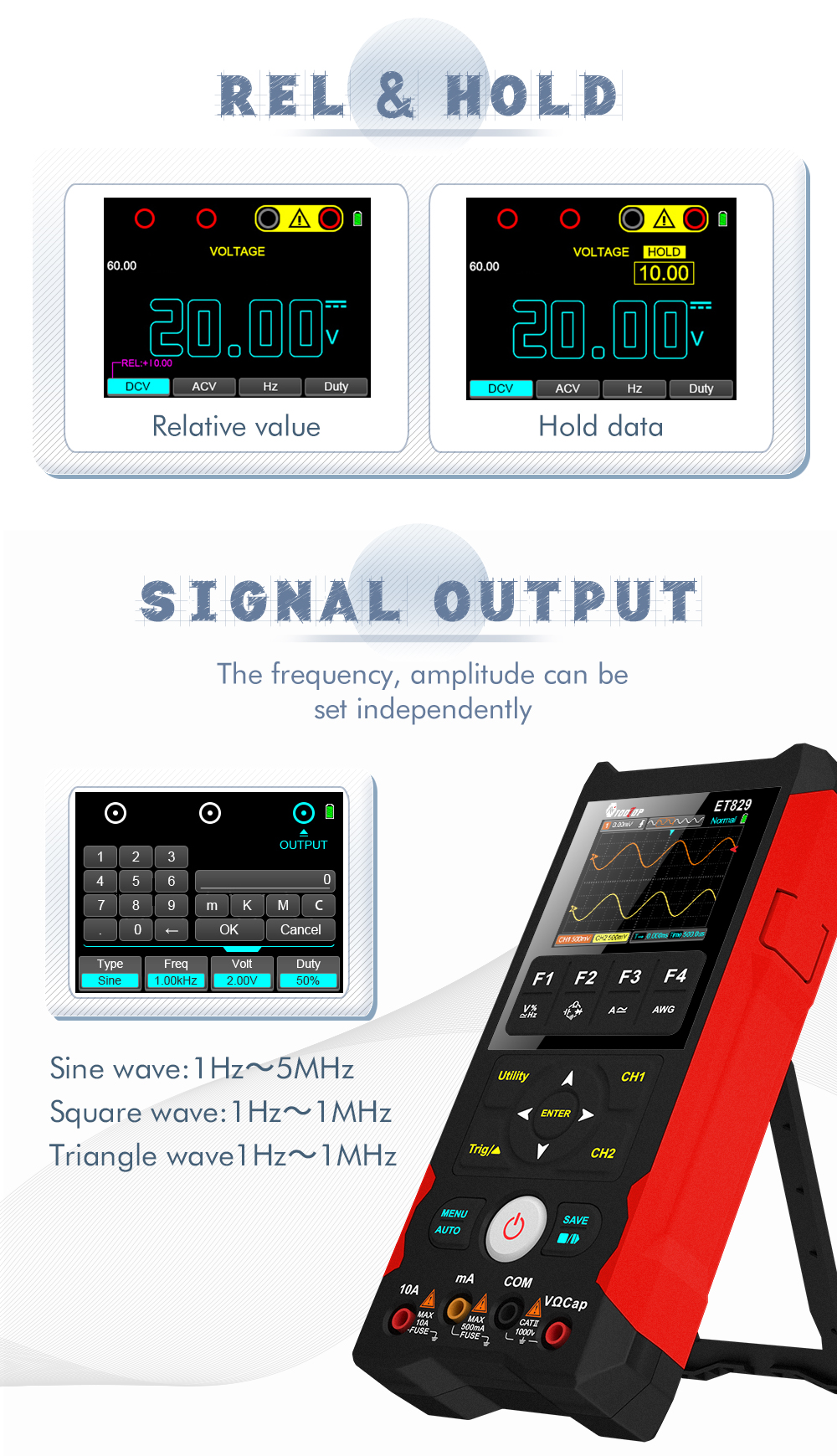 TOOLTOP ET829 OSC + DMM + Waveform Generator 3 in 1 80MHz Bandwidth Dual Channel Handheld Oscilloscope Innovative AI Waveform Preview