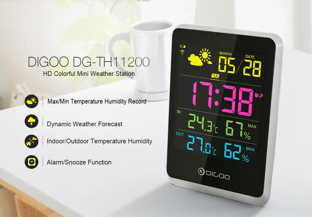 DIGOO DG-TH11200 HD Colorful Mini Weather Station Outdoor Indoor Thermometer Hygrometer Temperature Humidity Sensor Clock with Snooze Function Calendar