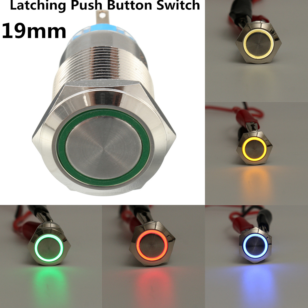 5 Pin 19mm LED Light Illuminated Push Button Latching Switch SPDT Waterproof