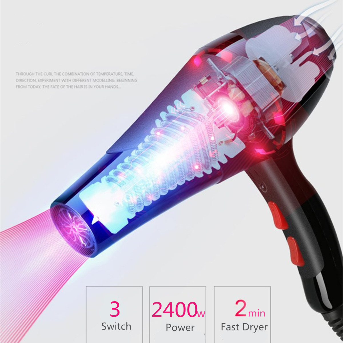 2400W Professional Electric Hair Dryer Salon 3 Speed 2 Heat Hairdressing  Blow