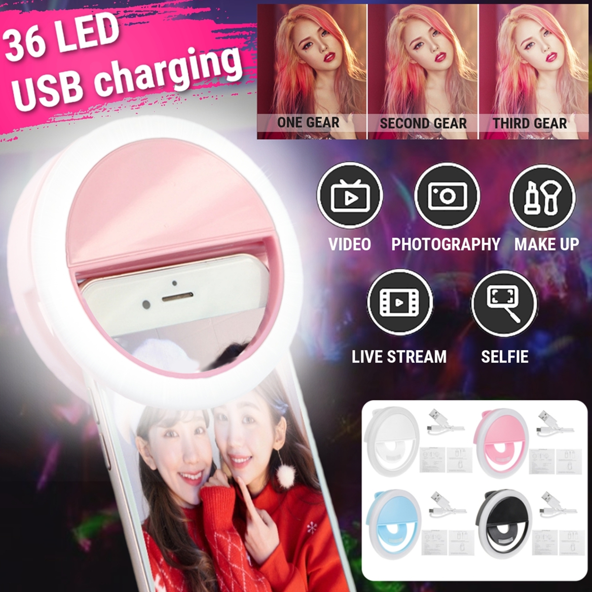 Bakeey Selfie 36 LEDS Fill Lamp Ring Light Universal Clip 3 levels Brightness For Cell Phone