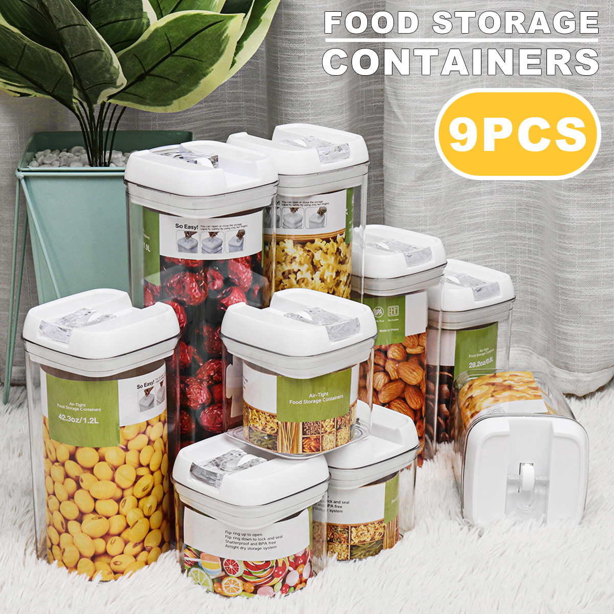 Airtight Food Storage Containers Square Nine-piece Easy-to-buckle Cans Kitchen Household Whole Grains Milk Powder Preservation Storage Tank