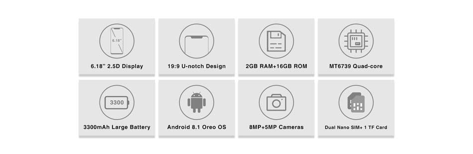 OUKITEL C12 Pro 6.18 Inch Android 8.1 3300mAh 2GB RAM 16GB ROM MT6739 1.3GHz Quad Core 4G Smartphone