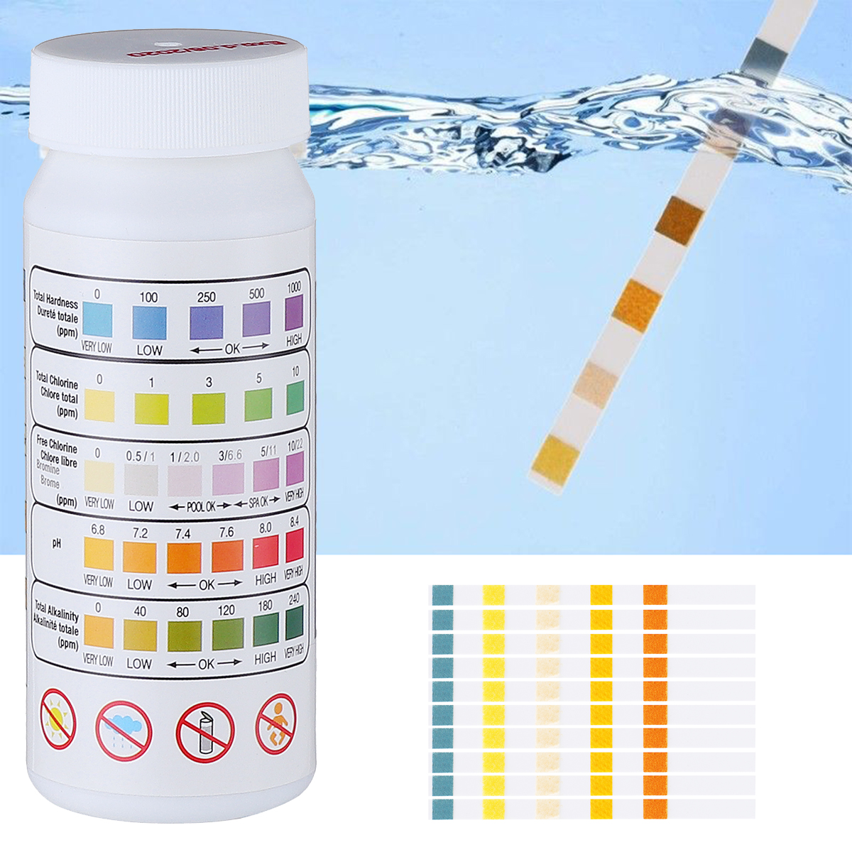 Тест полоски для определения вод. PH Tester для бассейна полоски. Индикаторные полоски хлора, 0-20 мг/л (ppm), 100 полосок/упаковка. Измеритель для бассейна PH/хлор. Тест полоски РН воды норма.