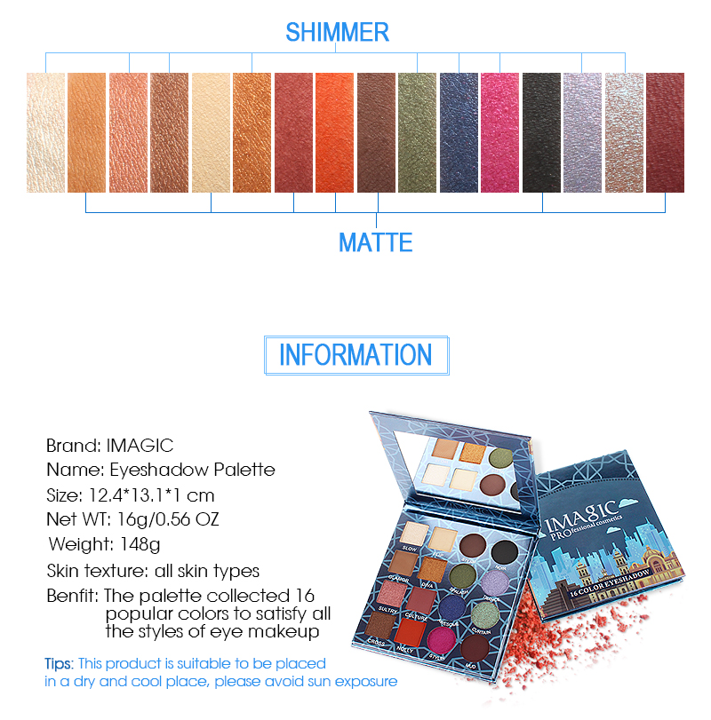 IMAGIC Professional Shimmer Matte Eyeshadow Palette 16 Colors Natural Eye Shadow Waterproof Lasting Pressed Cosmetic