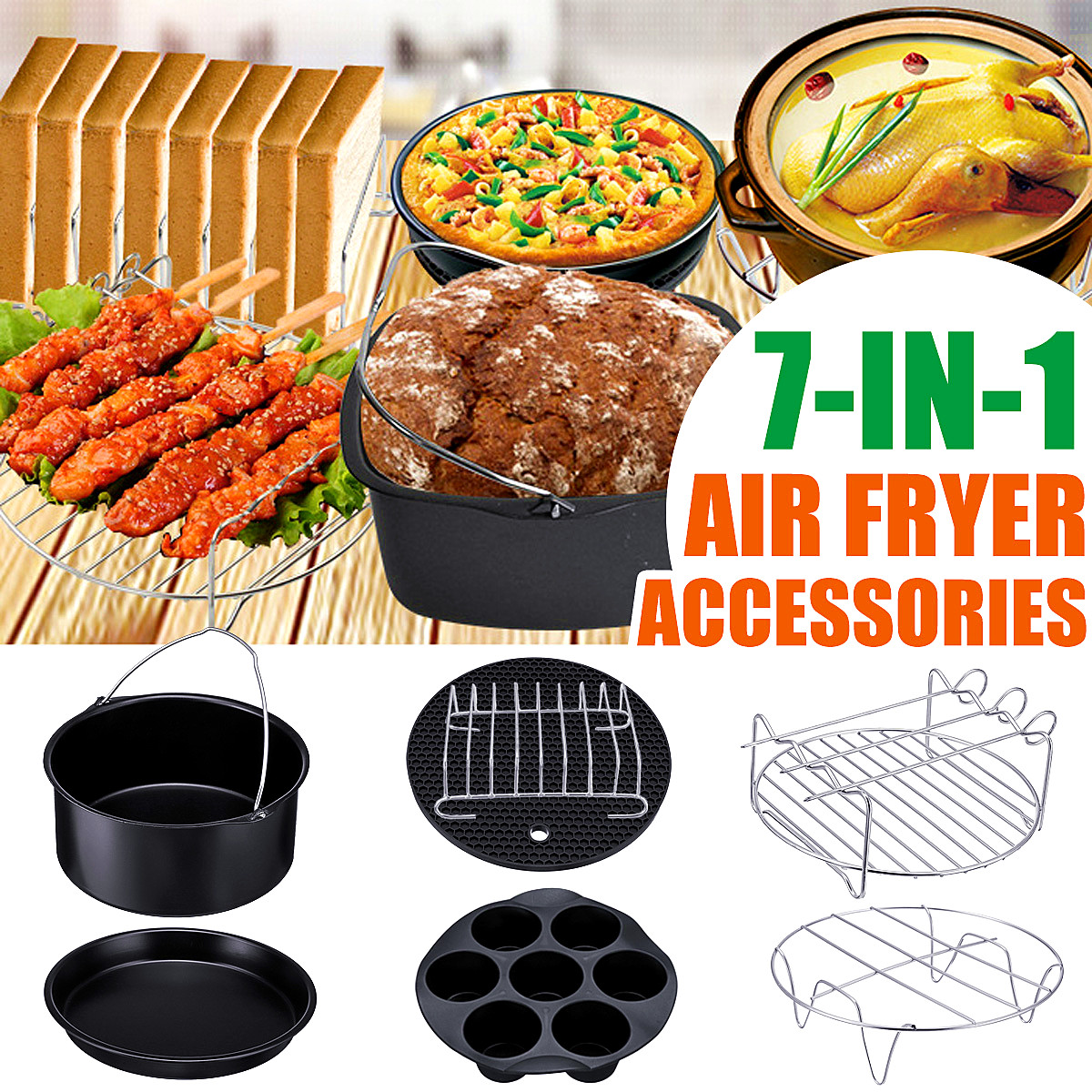 7PCS Air Fryer Accessories Set Chips Baking Basket Pizza Pan Home Kitchen Tool 14