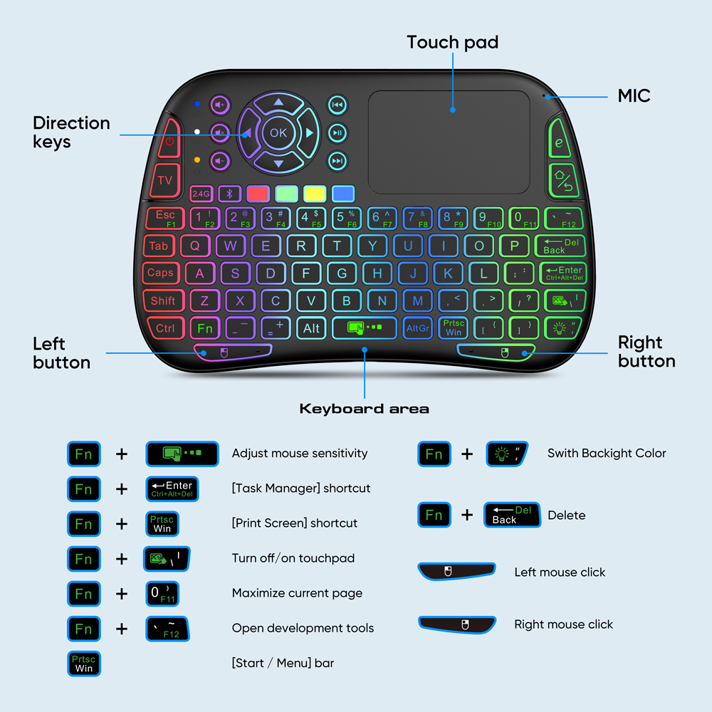 2.4G+bluetooth Dual Mode 8 colors Backlight English Air Mouse Touchpad for Android TV Box PC M9 Mini Wireless Keyboard