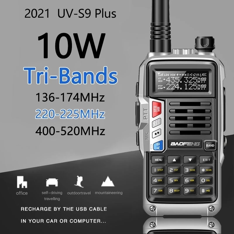 BaoFeng UV-S9 Plus Walkie Talkie Tri-Band 10W Powerful 10W CB Radio Transceiver VHF UHF 10W 10km Long Range up of uv-5r Portable Radio 2xAntenna