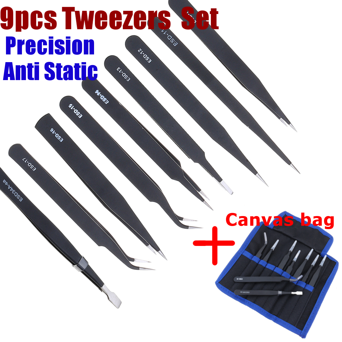 9 Pcs ESD Tweezer Anti-static Stainless Steel Precision Tweezers for Electronics Nail Beauty 15