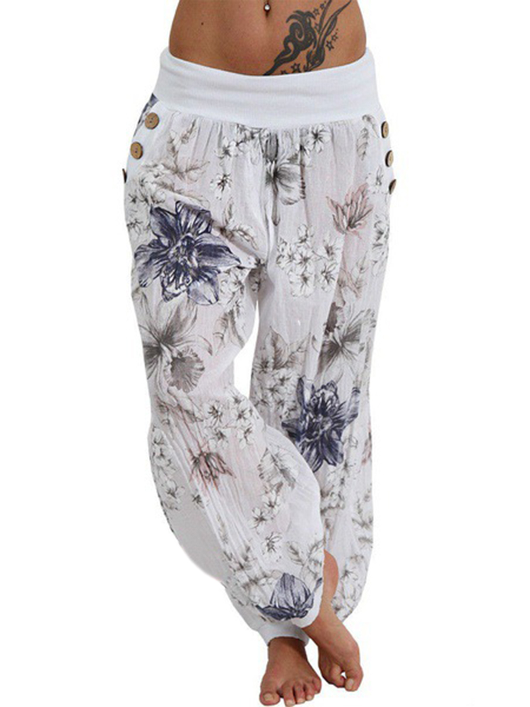 Women Casual Loose Floral Print Button Full Length Pants