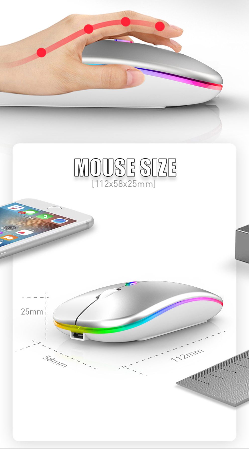 Dual Mode BT3.0/5.2 2.4G Wireless Mouse Adjustable 800-1600DPI Rechargeable LED Light Silent Mice for Laptop PC