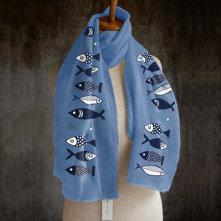 Women Solid Color Fishes Printing Pattern Linen Long Scarf Shawl Wrap Multi-purpose Elegant Neck Wrap Warm Scarf