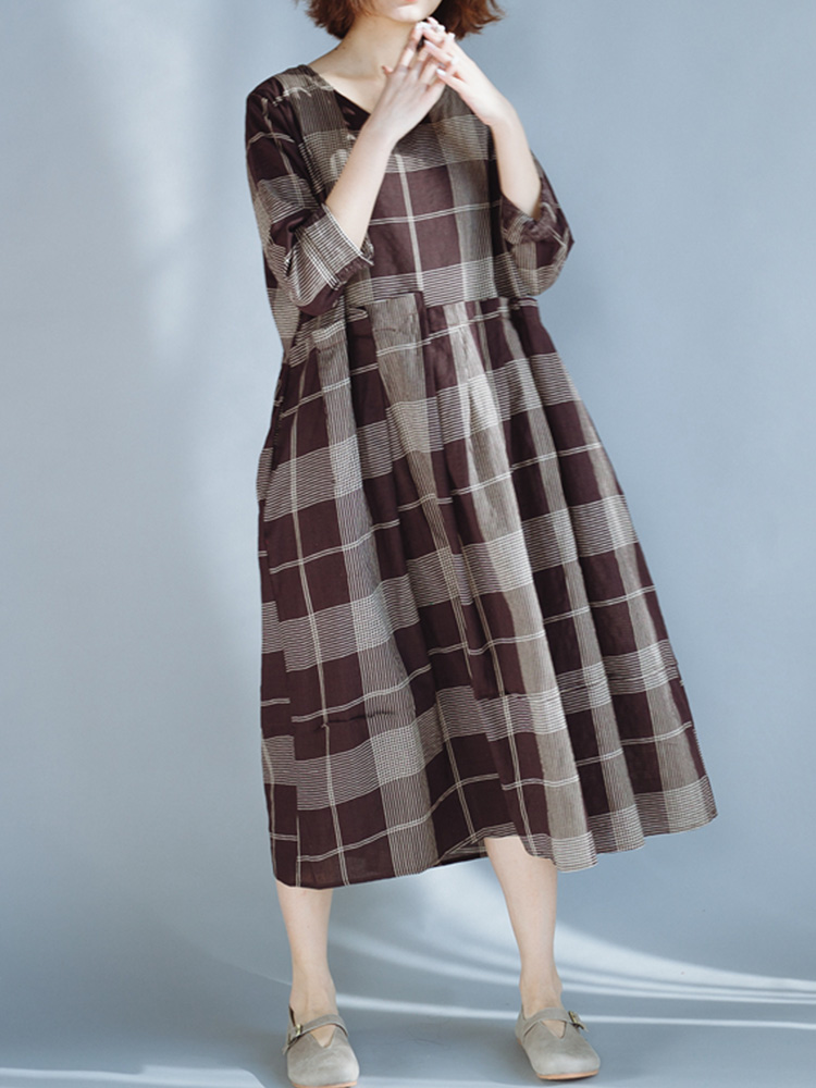 Plus Size Vintage Plaid Patchwork Long Sleeve Casual Dress