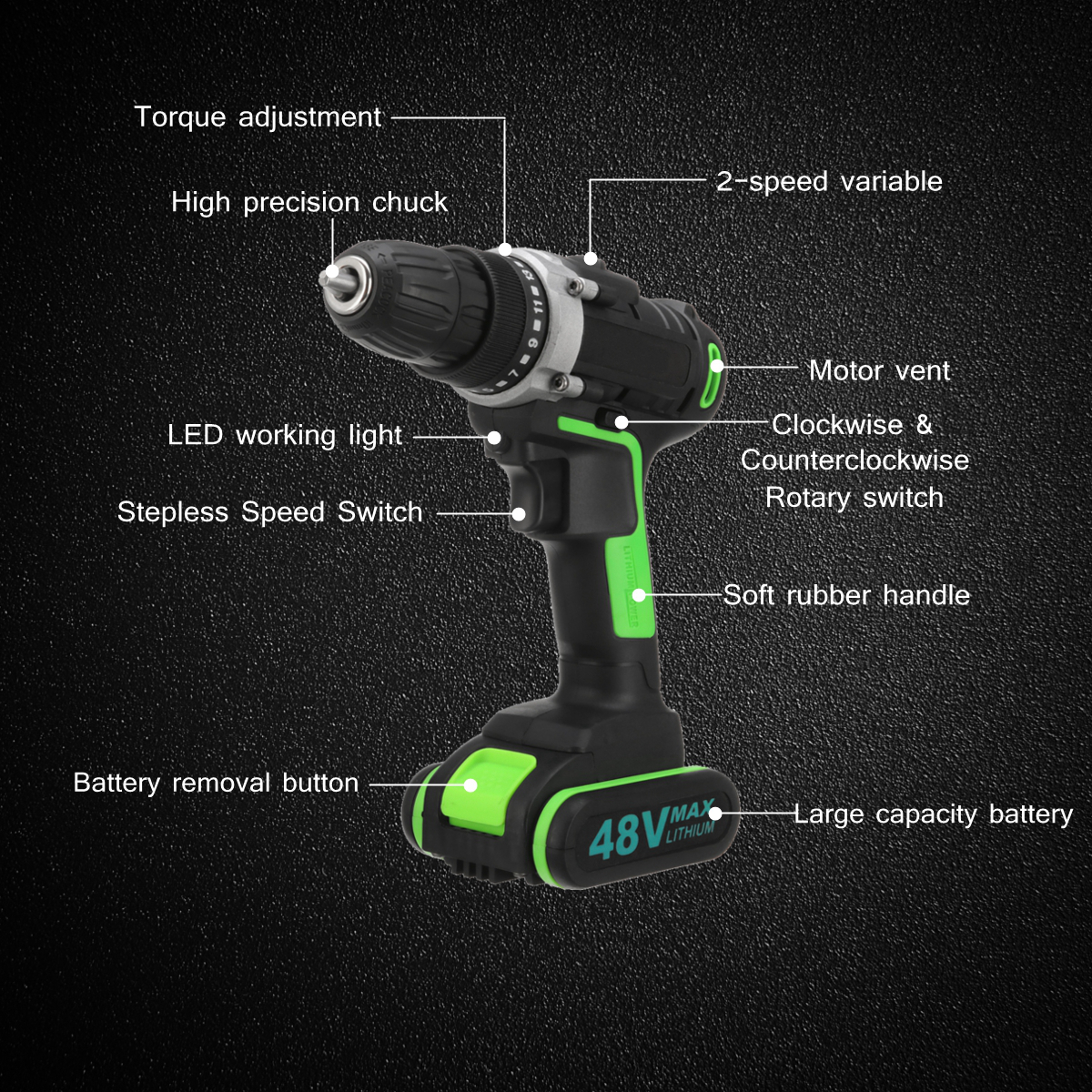 48V 3 In 1 Drilling Tool 15+1 Torque Dual Speed Power Drills Electric Lithium Battery Driller