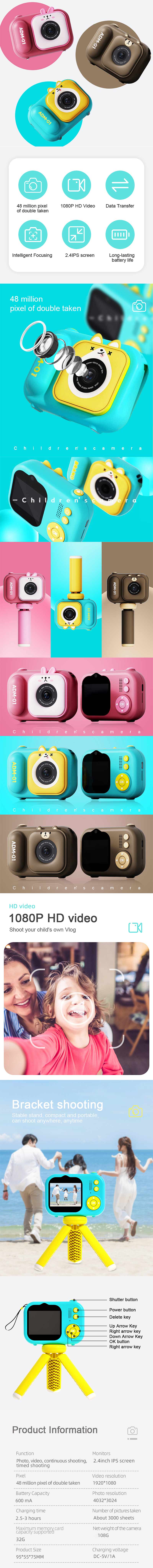 S11 Children Camera with 2.4 Inch IPS Display Screen Mini 1080P Cartoon Cute Camera Projection Video Camera for Kids