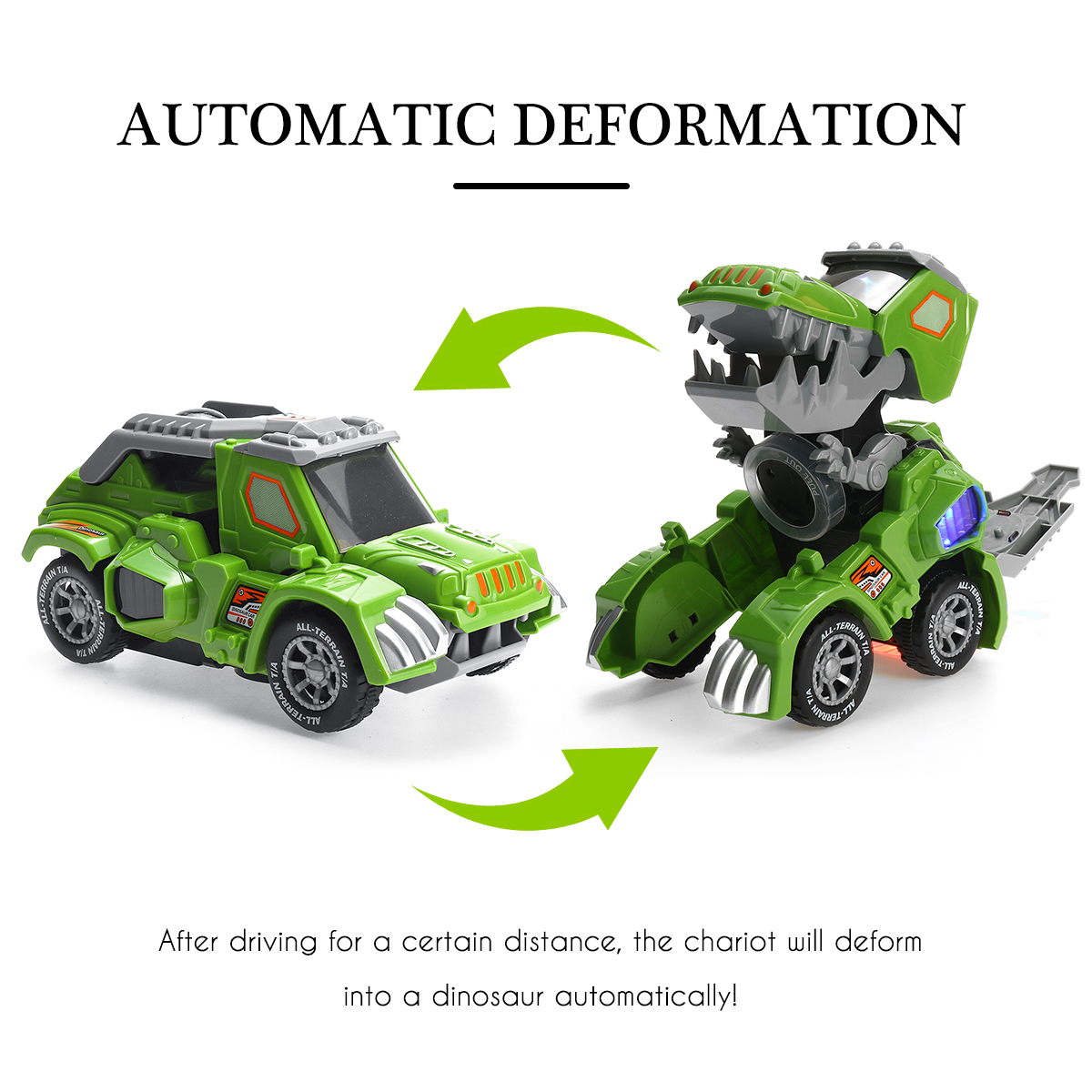 Electric Deform Dinosaur Automatically Turn Car Toy with Music Flashing LED Lights for Kids Gift Collection
