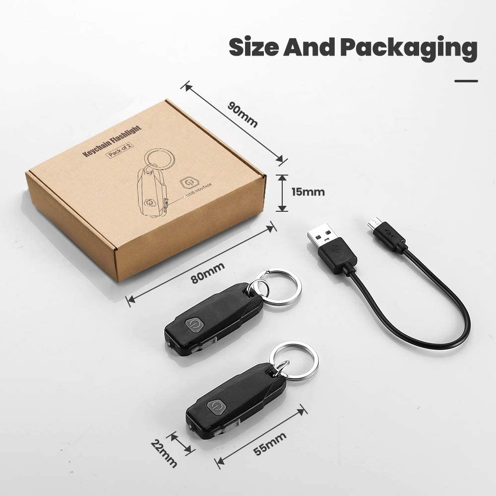 MECO 2 Pack Mini Led Lights, Portable USB Rechargeable Ultra Bright Keychain Flashlight with 2 Level Brightness Key Ring Torch
