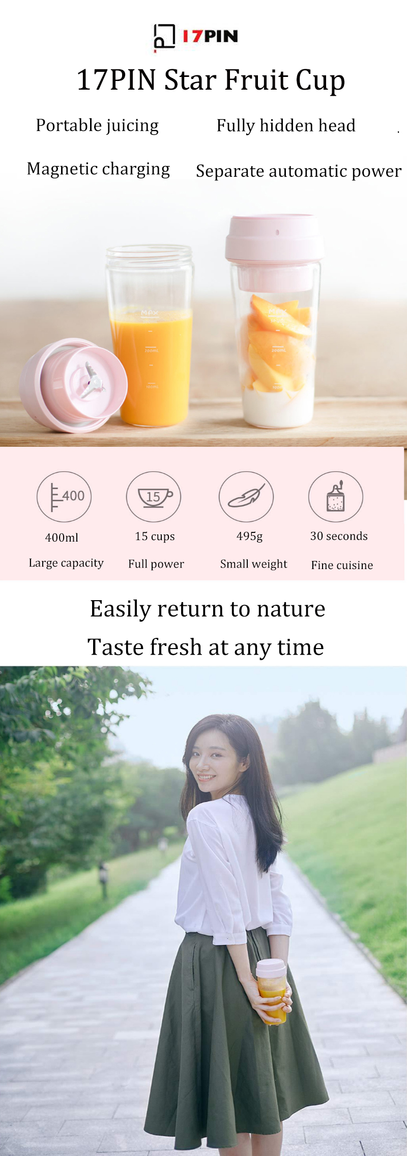 17PIN 400ML Star Fruit Juicer Bottle Portable DIY Juicing Extracter Cup Magnetic Charging From Xiaomi Youpin