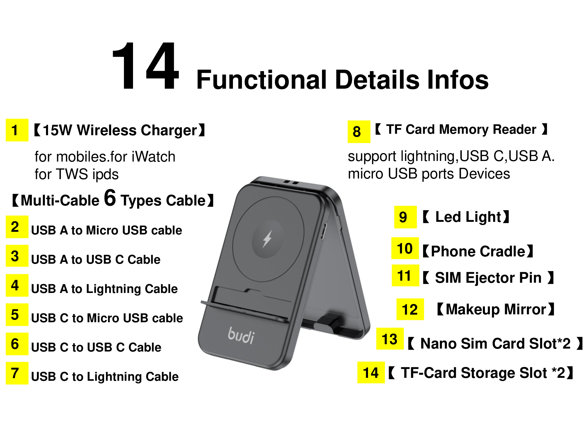 BUDI 14-IN-1 Multi-functional Box 15W (1 for 3) Wireless Charger Multi-Cable 6 Types Cable TF Card Memory Reader