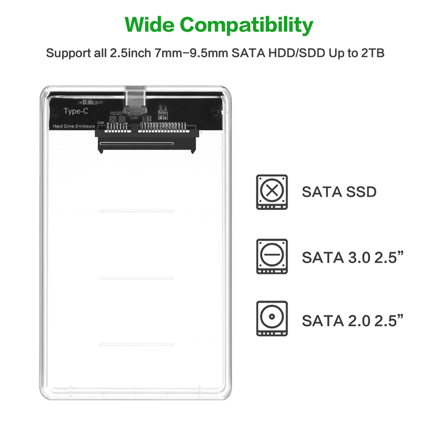 2.5inch Transparent Type-C to SATA External HDD SDD Hard Drive Enclosure Case 6