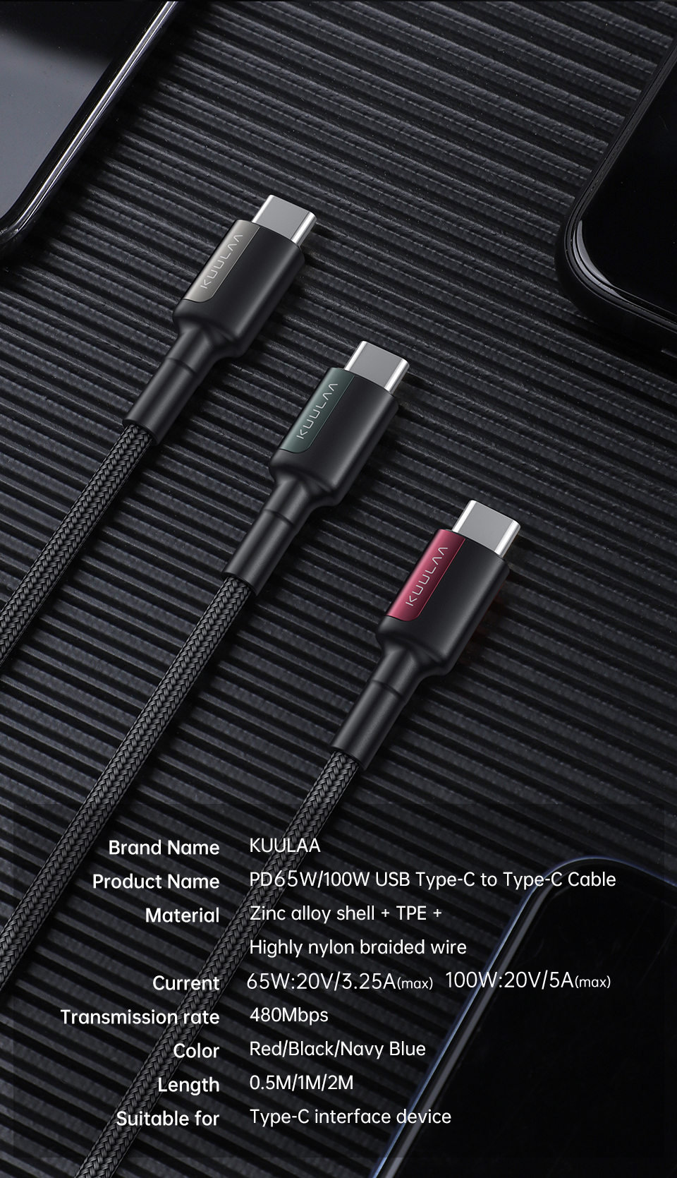 KUULAA PD 65W/100W Type-C to Type-C Fast Charging Data Cable For Samsung Galaxy S22 S22 Ultra Galaxy Z Flip 4 For Xiaomi Mi 12T Redmi Note 12 Huawei P50