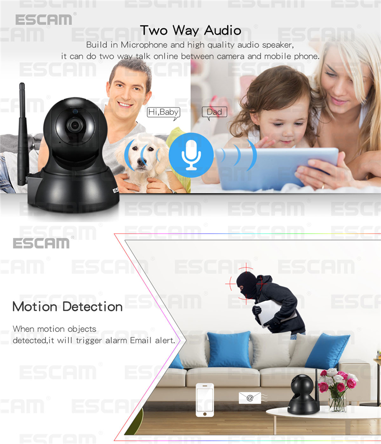 ESCAM QF007 720P 1MP WiFi IP Camera Night Vision Pan Tilt Support Motion Detection 64G TF Card 24