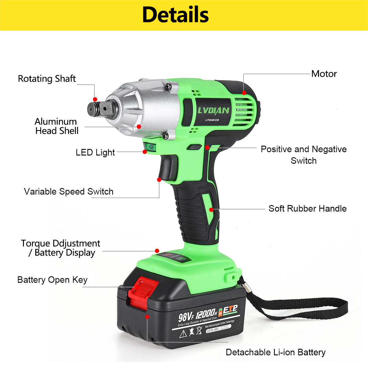 98VF 12000 320Nm Cordless Electric Wrench Lithium Power Wrench Tool 