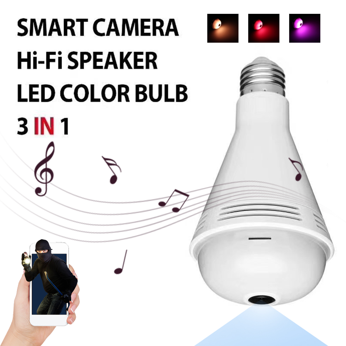 360° HD 960P 1080P WiFi IP Camera LED Light Bulb Bluetooth Speaker Security Monitoring 69