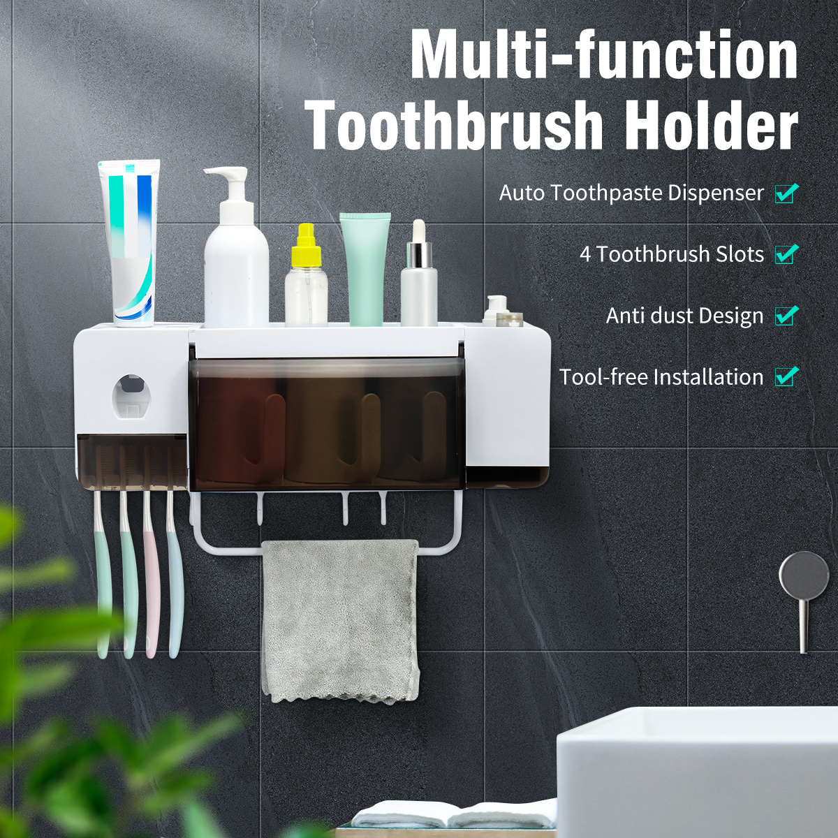 Automatic Toothpaste Dispenser Toothbrush Holder Wall Mounted Storage Stand + 2/3/4 Cups