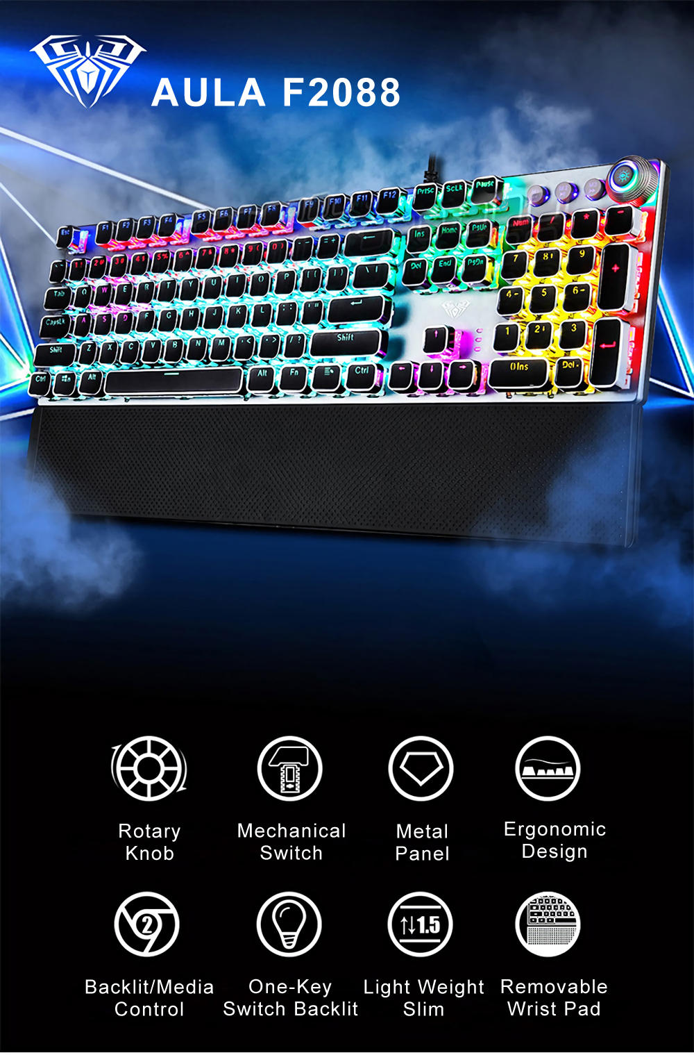 AULA F2088 Punk Keycap Blue/Brown Switch Mechanical Gaming Keyboard with  Backlit/Volume Knob