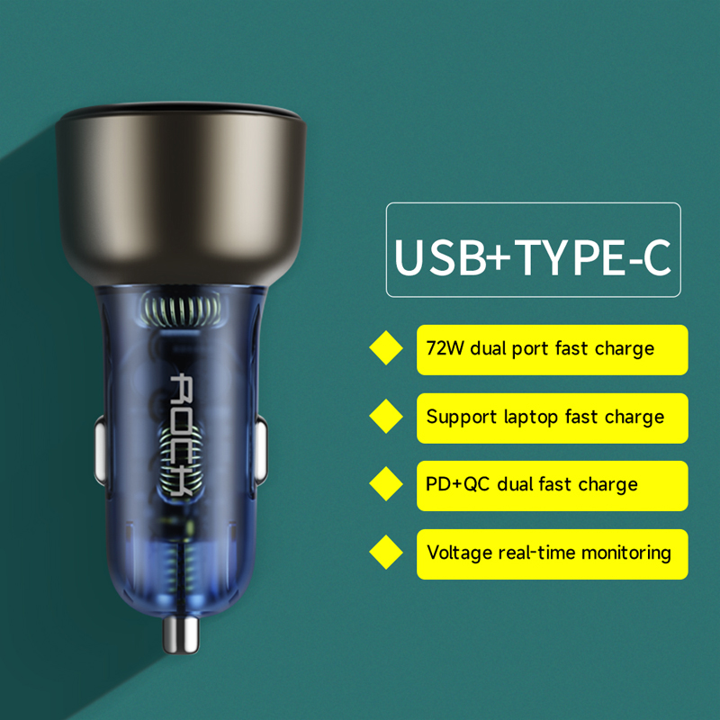 ROCK SD-017 72W 2-Port USB PD Car Charger Adapter 72W Type-C+USB-A PD QC3.0 Support AFC FCP SCP PPS PE2.0 PE1.1 Fast Charging with Blue LED Digital Display for iPhone 12 13 14 Pro 14 Pro Max for Huawei Mate50 for Xiaomi 13