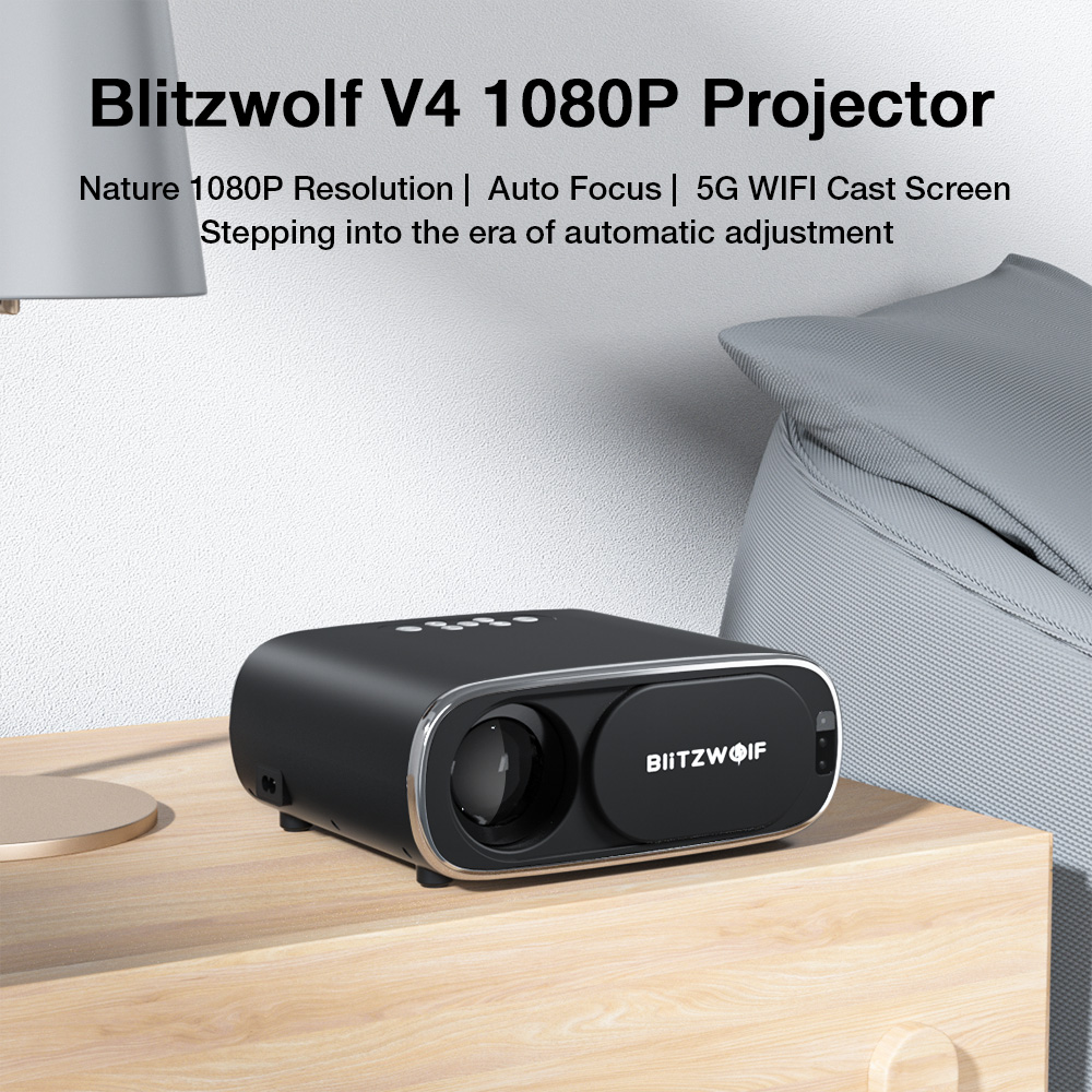 BlitzWolf®BW-V4 1080P Projector 5G-WIFI Mirroring Wireless Auto Focus Auto Keystone Correction Lens Protection Automatic Slide Smart Cinema Home Theater Outdoor Movie EU Plug