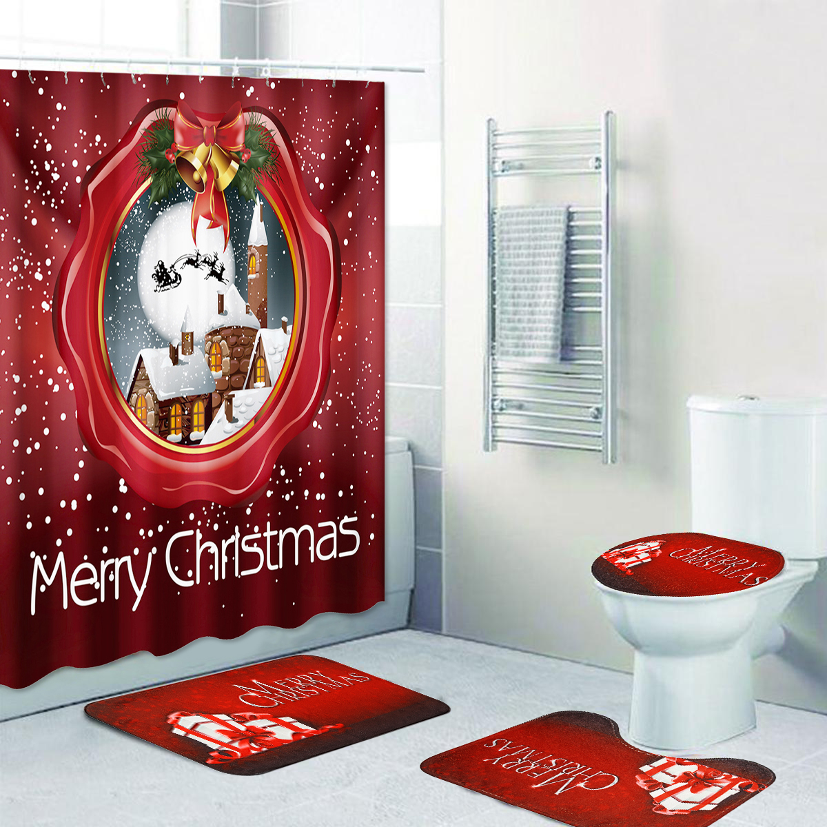 

180x180cm Shower Curtain Bathroom Christmas Snow House Set Mildew Splash Xmas Christmas Decoration