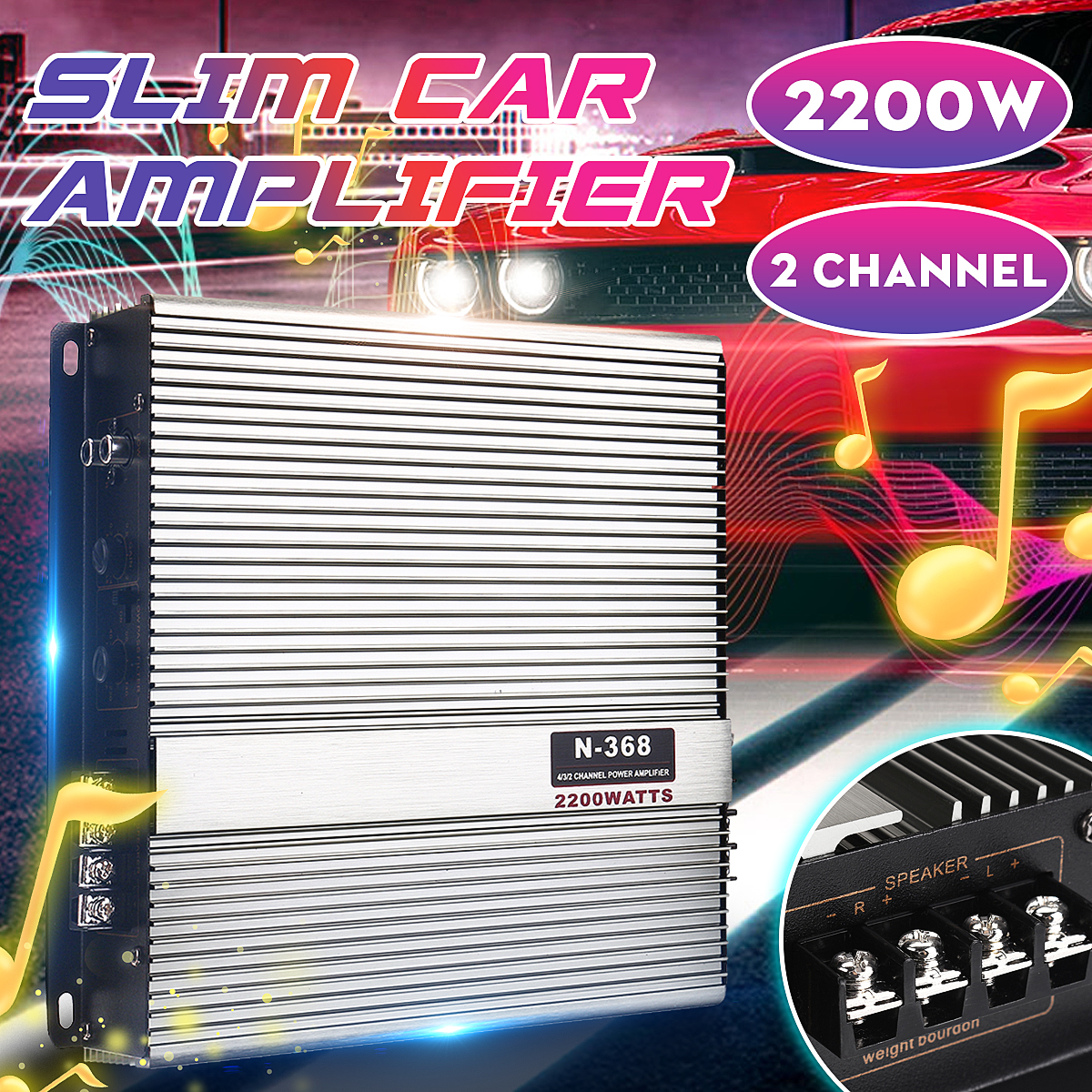 N368 12V 2200W Car Audio Stereo Power Amplifier 2 Channel Class A/B Stereo Surround Subwoofer FM