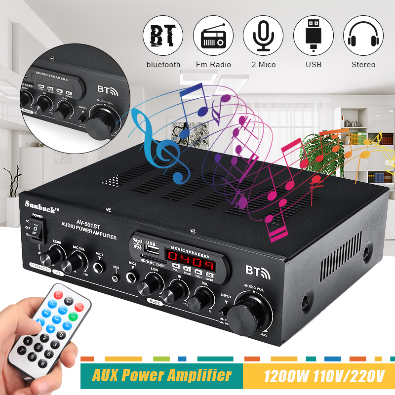 1200W 110V/220V bluetooth Dual Channel Karaoke Mic Input Digital Reverb Home Stereo Amplifier Support USB SD FM AUX Input