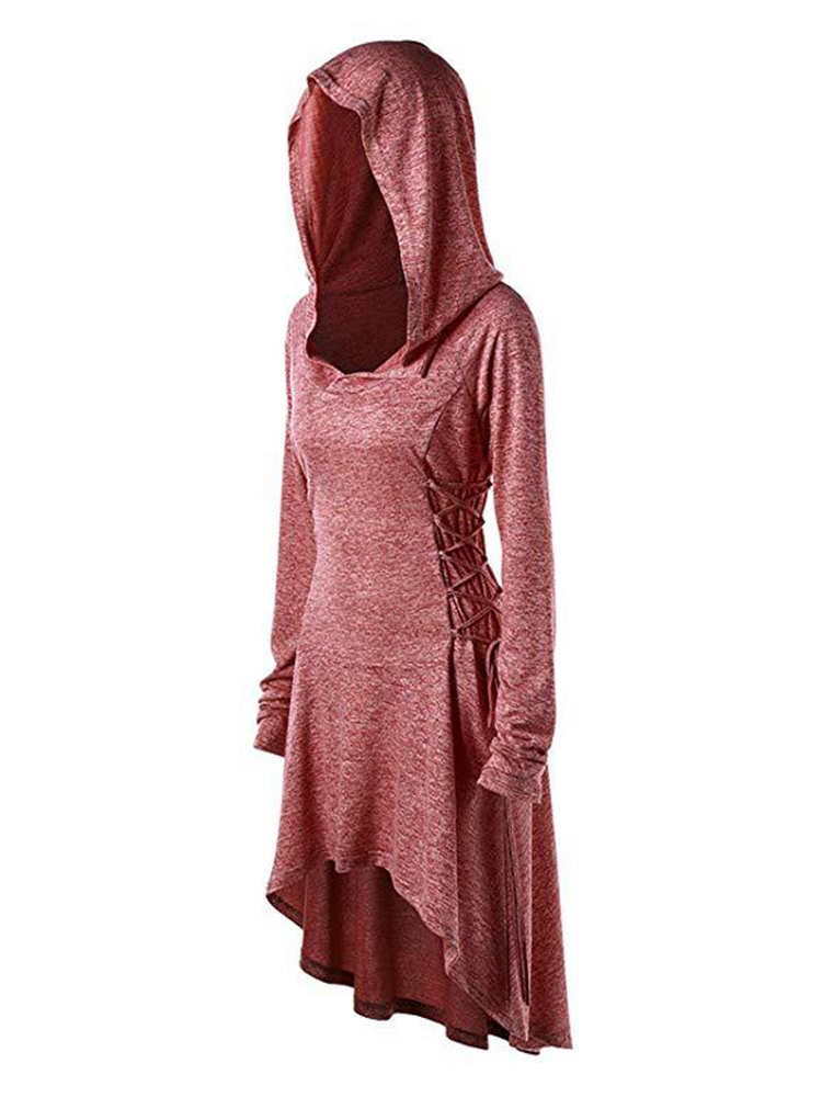 Solid Color Hooded Long Sleeve Irregular Hem Sweatshirt Dress