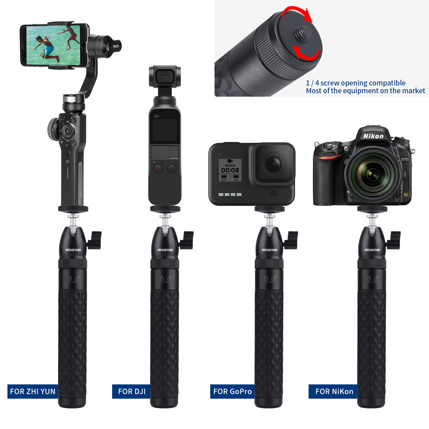 LEDISTAR Extension Rod Selfie Stick 15.7cm-57.2cm for GoPro Tripod Gimbals Smartphone Action Cameras - Photo: 2