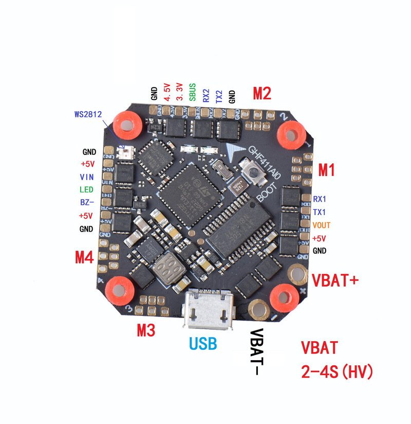 JHEMCU GHF411AIO F4 OSD Flight Controller Built-in 30A BL_S 2-4S 4in1 ESC for Toothpick FPV Racing Drone - Photo: 3