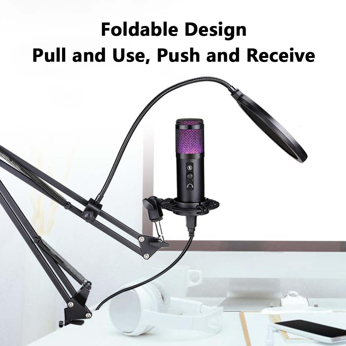 Professional LED RGB USB Condenser Microphone Stand Set For Computer Laptop