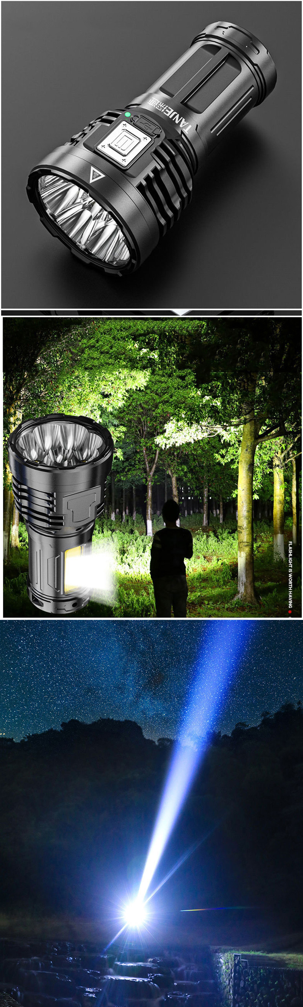TANJE 8*P900+COB Super Bright Type-C Rechargeable ABS Housing Flashlight with 18650 Battery COB Side Light 500m Long Range Powerful LED Torch Camping Lantern